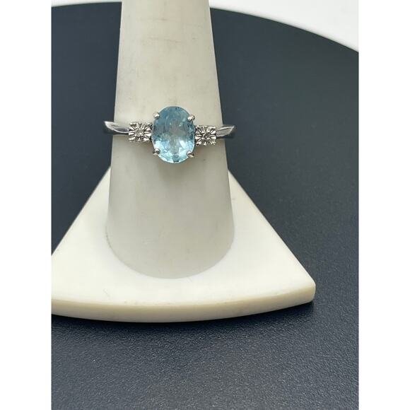 FAS Oval Prong Sky Blue Topaz Diamond 925 Sterling Silver Rhodium Ring Sz 9.5 - Picture 1 of 9
